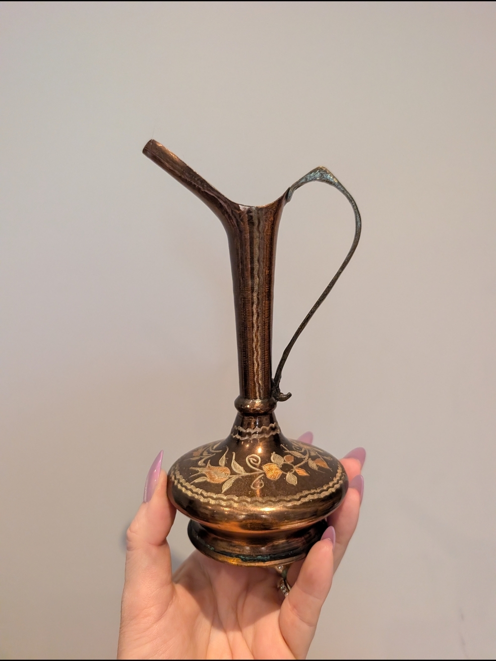 Antique-Style Copper Ewer with Floral Inlay